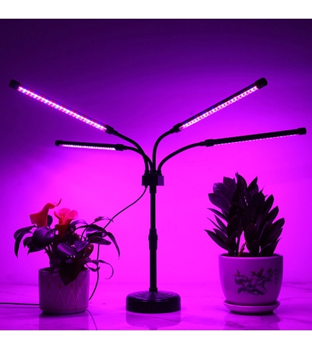 Lampa UV pentru cresterea plantelor, Flippy, Alimentare cu USB, 20W, 4 capete, 96 LED-uri, 9 nivele lumina, Timer, Inaltime Ajustabila pana la 65 cm Lumina Mov