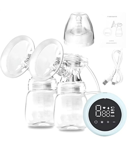 Pompa de San Electrica 2 in 1, Flippy, cu 2 Biberoane, Capacitate 180 ml, Incarcare USB Tip C, 1200 mAh, 2 Moduri, 9 Viteze, Albastru Transparent