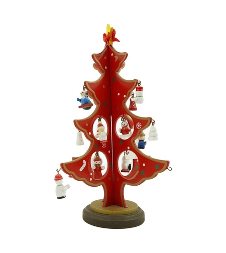 Decoratiune Craciun, Brad, Rosu, 8 cavitati cu ornamente, 18.5 cm x 25 cm, Lemn, Flippy