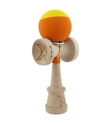 Kendama X Originala, Profesionala, Flippy, Rubber Grip, Cupe Mari KING SIZE V3, Gaura in Baza, Rulment Metalic, din lemn 18 cm, Ata 62/65 cm, Bicolor Galben/Portocaliu