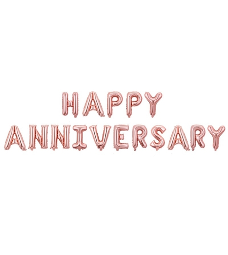 Set Baloane din Folie Metalizata, Flippy, Model Happy Anniversary, Litere de 40 cm, Baloane Party, Ambalaj Individual, Pai Inclus, Umflare cu Aer sau Heliu, Roz