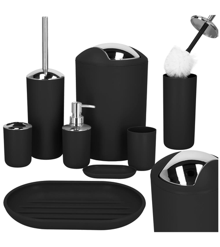 Set accesorii baie, 6 piese din plastic, cu perie WC si cos de gunoi, finisaj mat si lucios, negru argintiu
