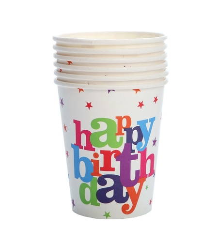 Set 6 Pahare de Carton, Flippy, Colectia Happy Birthday, 7 x 5 x 8.5 cm, 230 ml, Multicolor