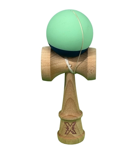 Kendama X Originala, Profesionala, Flippy, din Lemn, Rubber Grip, 18 cm, Verde deschis/Albastru