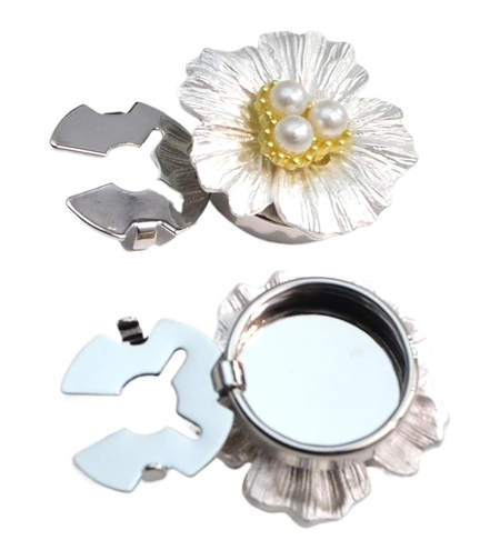 Accesoriu pentru Nasturi, Flippy, Model Floare cu Perle, din Metal, 2.5 x 1.7 cm, Argintiu
