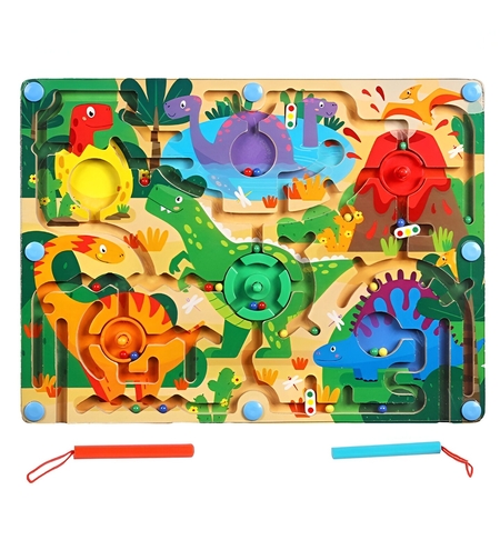 Joc Montessori de Sortare Culori, Flippy, Creion Magnetic, Tip Labirint Ilustrat, din Lemn, Model Dinozauri, 39x29x1.5 cm