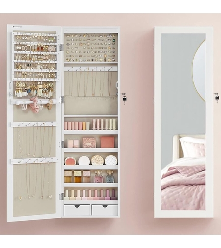 SONGMICS Dulap pentru bijuterii cu oglinda, montare pe perete sau usa, material MDF, inchidere cu cheie, 120x37x10 cm, alb