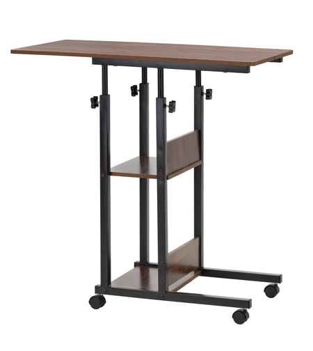 Birou reglabil pe inaltime cu rafturi si roti, blat din lemn si structura metalica, 80x40x76-86 cm, maro inchis