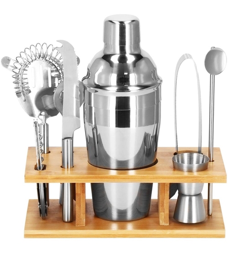 Set Cocktail Shaker Kit pentru barmani 550ml, KI22, suport bambus, 9 piese