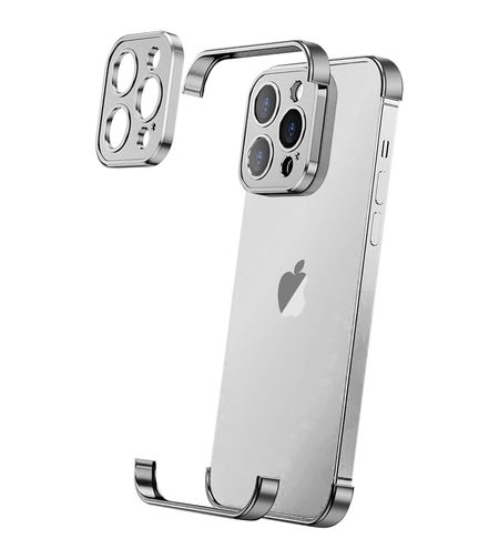 Husa Metalica Edgeless Compatibila cu iPhone 16 Pro, Vafy, Protectie pentru Colturi si Camera, Aliaj Aluminiu, Antisoc, Antizgariere, Argintiu Titan