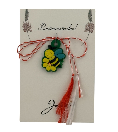 Martisor pentru Copii, Jolie, Material Cauciuc, Ambalaj Carton cu Design, Multicolor, Model Albinuta
