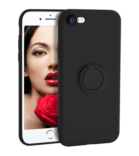Husa protectie Vafy compatibila cu Apple iPhone 7/8/SE 2020 Liquid Silicone Ring cu suport rotativ Negru