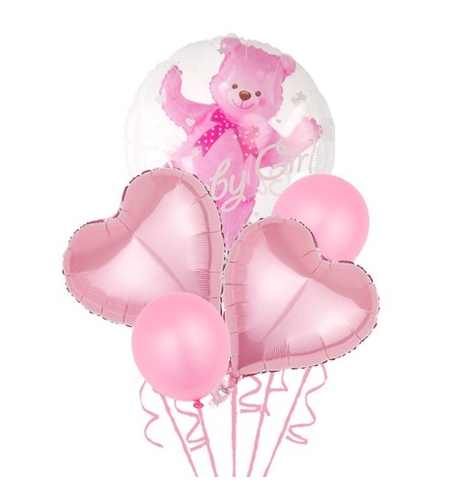 Set Baloane Aniversare, Vafy, set din 5 bucati, 1 bucata urs, 2 inimi folie, 2 simple din latex Baby Girl, 60 cm Roz