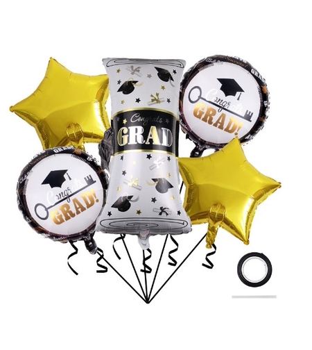 Baloane cu tematica Absolvire, Flippy, set din 5 baloane, 1 Figurina Diploma, 2 stele, 2 rotunde, din folie de aluminiu, 70 x 40 cm, Aer si Heliu, Auriu Negru