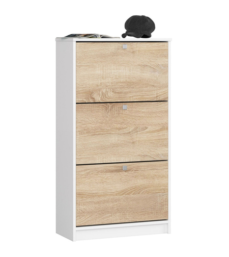 Dulap pantofi cu 3 usi rabatabile, PAL laminat 16 mm, 60x29x113 cm, alb si stejar sonoma