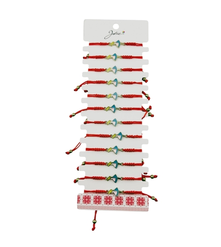 Martisor Bratara pentru Dama si Copii, Jolie, Model Fetita cu Pasare, Set 12 bucati, Pandantiv Emailat, Snur Reglabil, Rosu/Multicolor