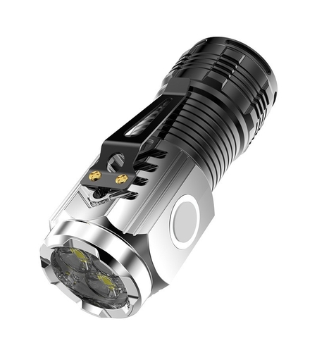 Lanterna cu 3 Nuclee Led, Vafy, Incarcare USB, Autonomie 4-20h, Raza Maxima 100-200 m, 5W, 4 x 4 x 9 cm, Suport de Agatat, Fund Magnetic, Argintiu