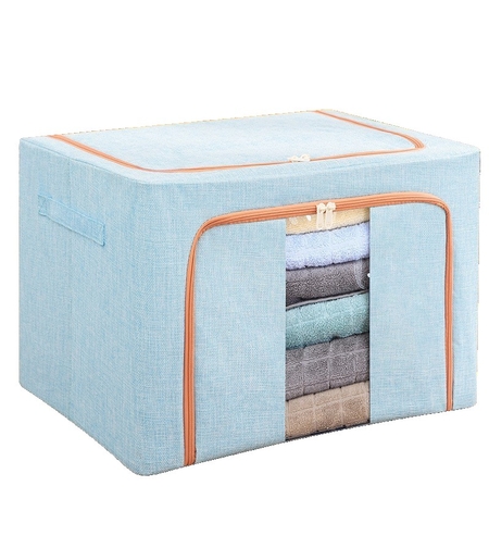 Cutie de Depozitare Pliabila, Flippy, 100 L, din Bumbac si In, 60x42x40 cm, 2 Ferestre, Frontala si Laterala, 2 Usi de Acces cu Fermoar Bidirectional, Cadru Metalic, Suport Baza Stabil din Plastic, Bleu