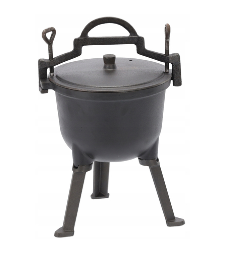Ceaun vanatoresc din fonta, cu capac si picioare pentru gatit in aer liber, 5L, 25x42 cm, negru