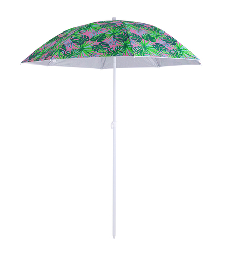 Umbrela de plaja pliabila, cu inclinare si inaltime reglabila, diametru 150 cm, verde cu imprimeu frunze verzi