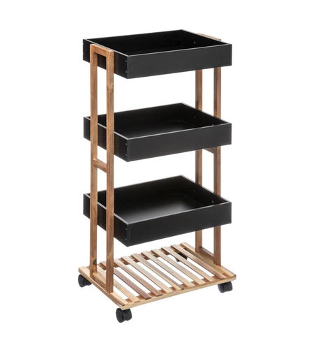 Etajera cu 4 rafturi 5Five Natureo pe roti, MDF si bambus, 40x30x88 cm, negru