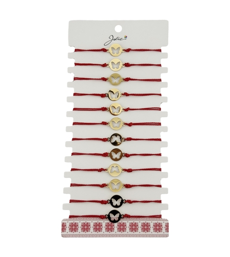 Bratara Martisor pentru Dama, Jolie, Model Fluture in Moneda, Set 12 bucati, Pandativ Auriu din Inox cu Snur Rosu Ajustabil