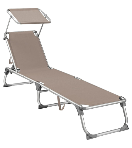 SONGMICS Sezlong pliabil, cu parasolar, spatar reglabil in 5 pozitii, maxim 150kg, 193x55x31cm, taupe