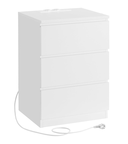 VASAGLE Noptiera cu 3 sertare, din PAL, cu 2 prize si 2 porturi USB, 40x35x59 cm, alb