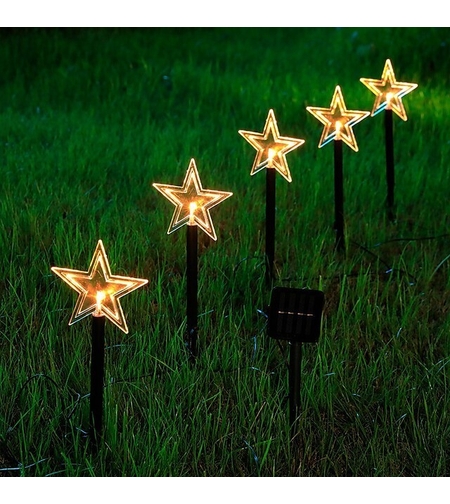 Set 5 Lampi solare LED de exterior Model Stea, pentru gradina, Vafy, 35.5 cm, Alb Cald