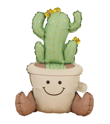 Balon din Folie Metalizata, Flippy, Figurina Animata, Model Ghivechi Cactus, 57.5 x 56 cm, Ambalaj Individual, Pai Inclus, Umflare cu Aer sau Heliu, Verde