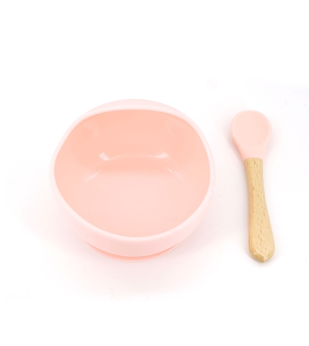 Set 2 piese diversificare bebelusi si copii din silicon Flippy, bol cu ventuza, lingurita din lemn si silicon, pentru gustari, fara alergeni, roz