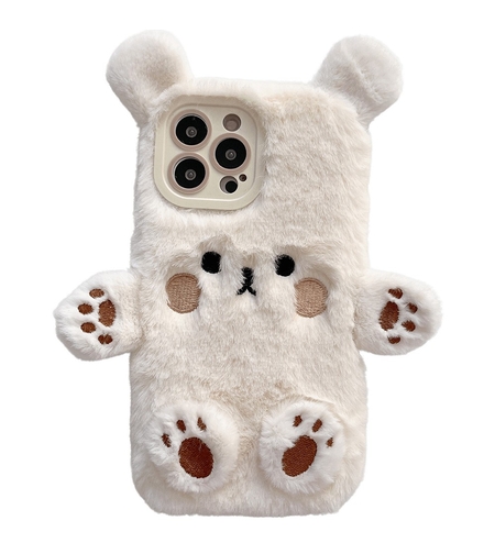 Husa de Protectie, Vafy, pentru Apple iPhone 15, Model Ursulet Pufos cu Urechi, Maini si Picioare, Antisoc, Rezistenta la Impact, Protectie Camera, Alb