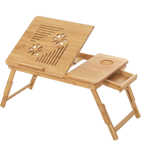 SONGMICS Masa de pat pentru laptop, plabila si reglabila, bambus, 55x35x29 cm, maro