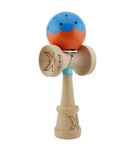 Kendama X Originala, Profesionala, Flippy, Super Sticky cu Cupe Mari KING SIZE V3, Gaura in Baza, Rulment Metalic, din lemn 18 cm, Ata 62/65 cm, Special Albastru/Portocaliu