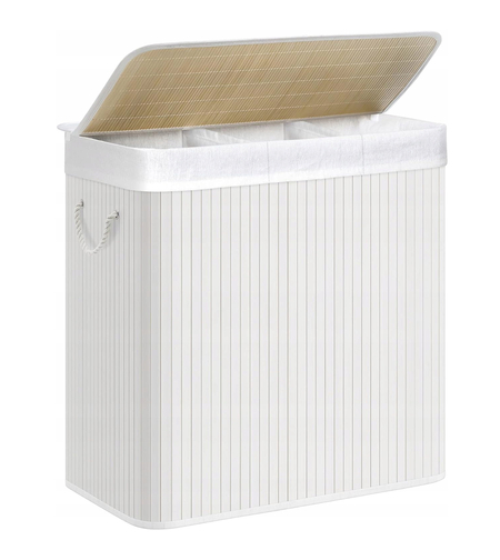 SONGMICS Cos de rufe din bambus, pliabil, cu captuseala detasabila lavabila, 3 compartimente, 150L, 60x40x62cm, alb