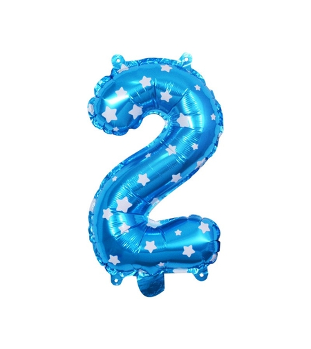 Balon din Folie Metalizata Flippy, Figurina Cifra, Imprimeu Stele, Tema Aniversare 80 cm, Ambalaj Individual, Pai inclus, Umflare cu Aer sau Heliu, Albastru, Cifra 2
