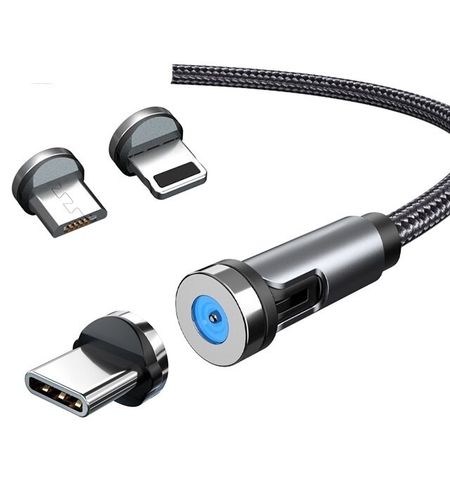 Cablu de incarcare magnetic 3 in 1 360 grade + 180 grade, 1 m, micro, type C, iPhone, 5 V, 2.1 A, Negru
