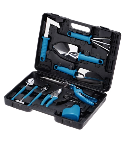 Set 10 Unelte de Gradina, Flippy, pentru Plantare Prelucrare Sol si Ingrijire Plante, Manere Albastre, Material PVC si Otel Inoxidabil, Cutie Inclusa, 37x28x7 cm, Negru