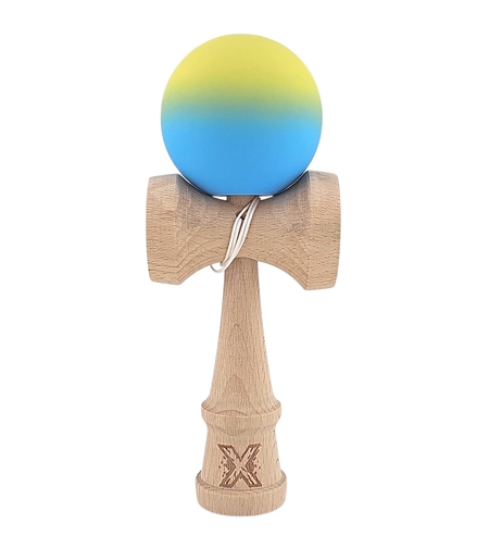 Kendama X Originala, Profesionala, Flippy, 18 cm, Profesionala, +9 Ani, din Lemn, Gradient Galben/Albastru