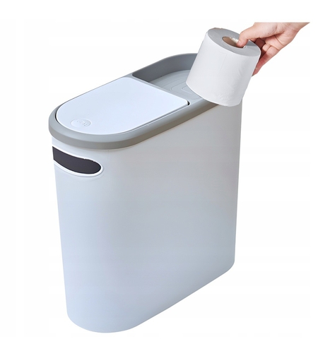 Cos de Gunoi, Flippy, din Plastic, Capac cu Ridicare Automata, Maner si Compartiment Depozitare, 31.5 x 14 x 30 cm, Alb/Gri