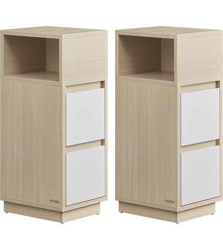 VASAGLE Set 2 noptiere inguste, cu 2 sertare si compartiment deschis, PAL si MDF, 30x25x65 cm, bej si alb