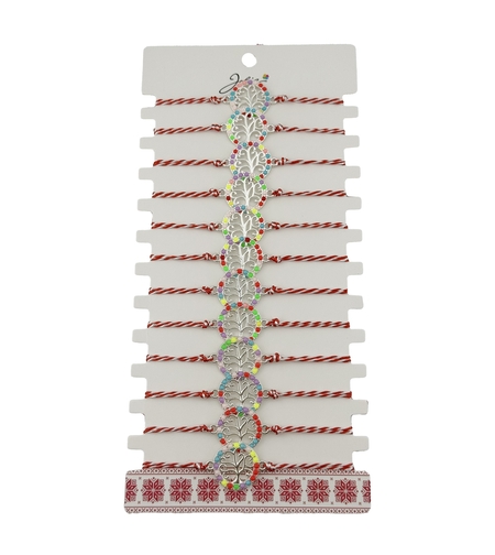 Bratara Martisor pentru Dama, Jolie, Model Copac, Set 12 bucati, Pandativ Argintiu din Inox cu Elemente Multicolore, Snur Alb/Rosu