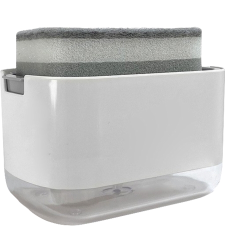 Dozator Flippy, Dispenser 2 in 1 pentru Detergent Lichid de Vase sau pentru Obiecte Sanitare cu Suport pentru Burete de Bucatarie , 8.6 x 14.5 x 10 cm, capacitate 300 ml, alb