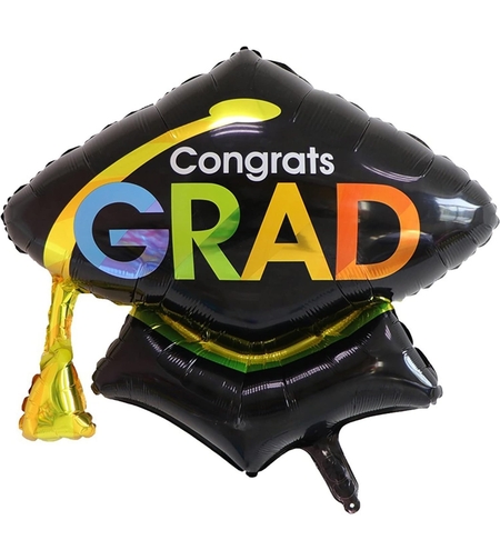 Balon din Folie Metalizata, Flippy, Figurina, Model Toca Congrats Grad, Tematica Absolvire, 66x66 cm, Ambalaj Individual, Pai Inclus, Umflare cu Aer sau Heliu, Negru