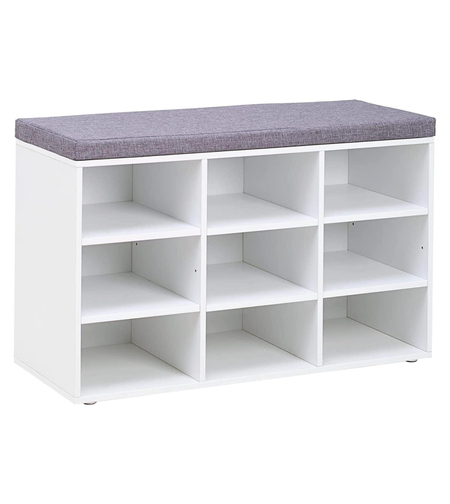 VASAGLE Pantofar cu banca cu 9 compartimente si perna, sarcina 136 kg, 79x30x48 cm, alb