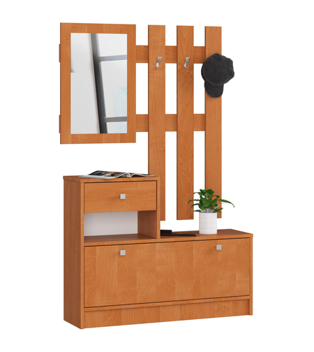 Set mobilier hol cu pantofar, oglinda, sertar si cuier metalic, PAL laminat, 90x25x170 cm, maro arin