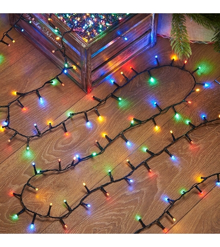 Instalatie de Craciun liniara Yoto, 17 m, din care 1 m cablu priza 220V, 200 LED, 8 jocuri de lumini, beculet in 6 colturi, pentru interior, controler, fir negru, multicolor