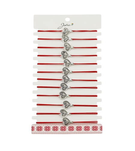 Martisor Bratara Elastica cu Pandantiv din Inox, Jolie, pentru Dama, Set 12 bucati, Snur Rosu Textil, Model Inima Eleganta