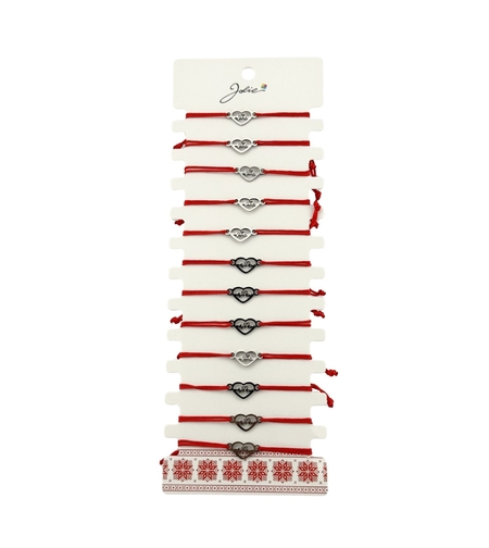 Bratara Martisor pentru Dama, Jolie, Model Inima, Set 12 bucati, Pandativ Argintiu din Inox cu Snur Rosu Ajustabil