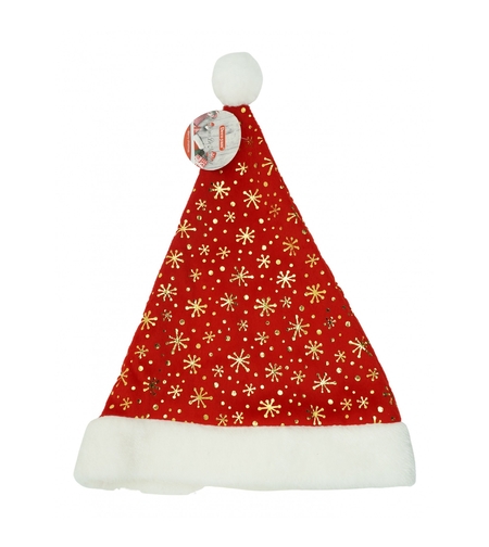 Caciulita de Mos Craciun, Flippy,cu ornament auriu fulg de nea, rosie, marime universala, material textil